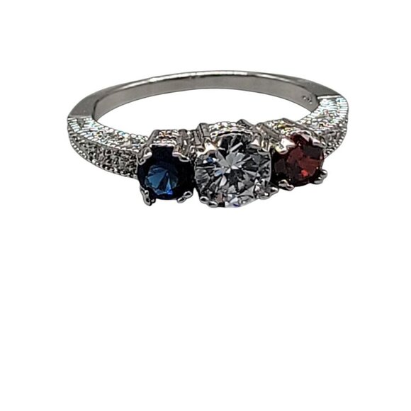 10k Patriotic Gemstone Ring Ladies SZ 12 White Gold Garnet Cubic Zirconia Iolite - Picture 1 of 16